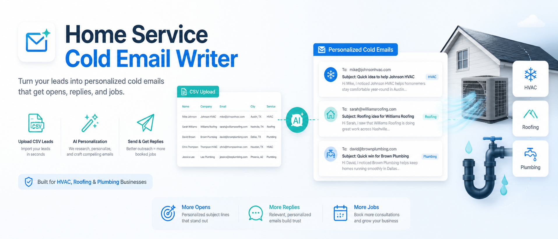 Home Service Cold Email Writer - Upload a CSV of HVAC, roofing, or plumbing leads and get ready-to-send, personalized cold emails with A/B subject lines delivered straight to your inbox.