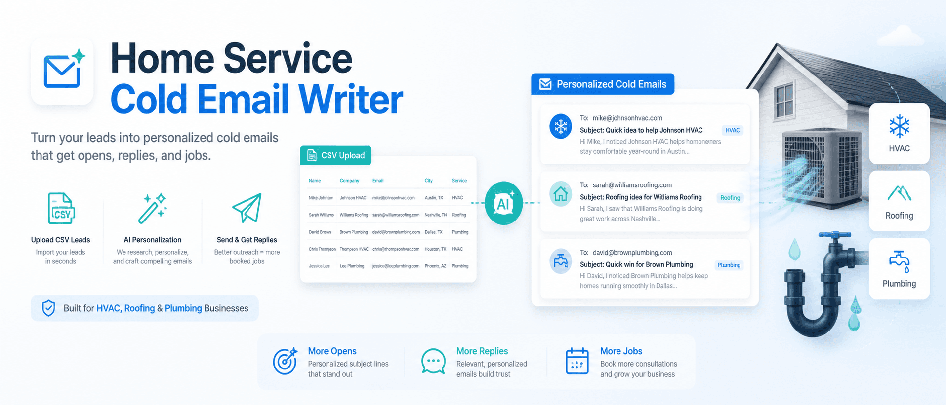 Home Service Cold Email Writer - Upload a CSV of HVAC, roofing, or plumbing leads and get ready-to-send, personalized cold emails with A/B subject lines delivered straight to your inbox.