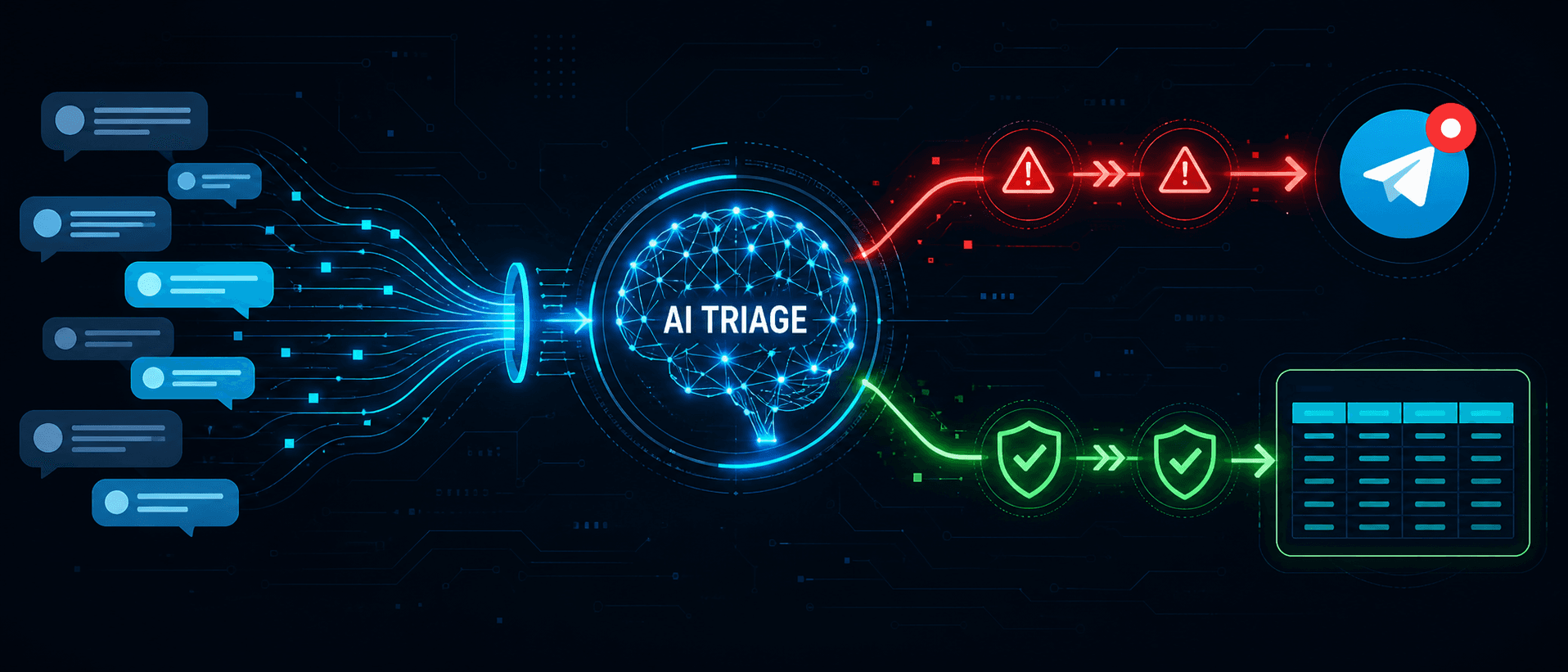 Automated Cybersecurity Triage Pipeline - AI-powered cybersecurity assistant that automatically triages messages, escalates phishing attempts via Telegram alerts, and maintains structured logs of safe communications for auditing.